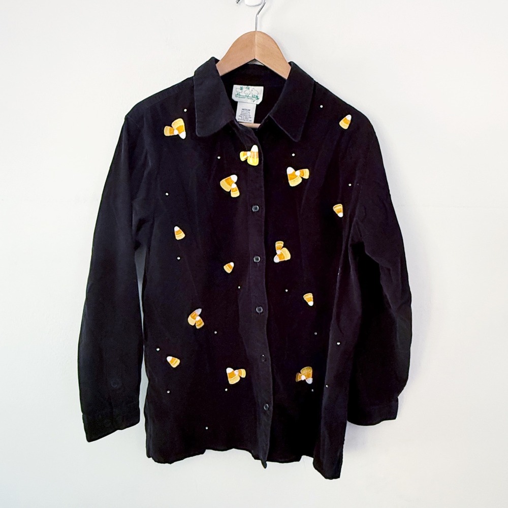 Quacker Factory Shirt Women Medium Black Corduroy Candy Corn Halloween Festive